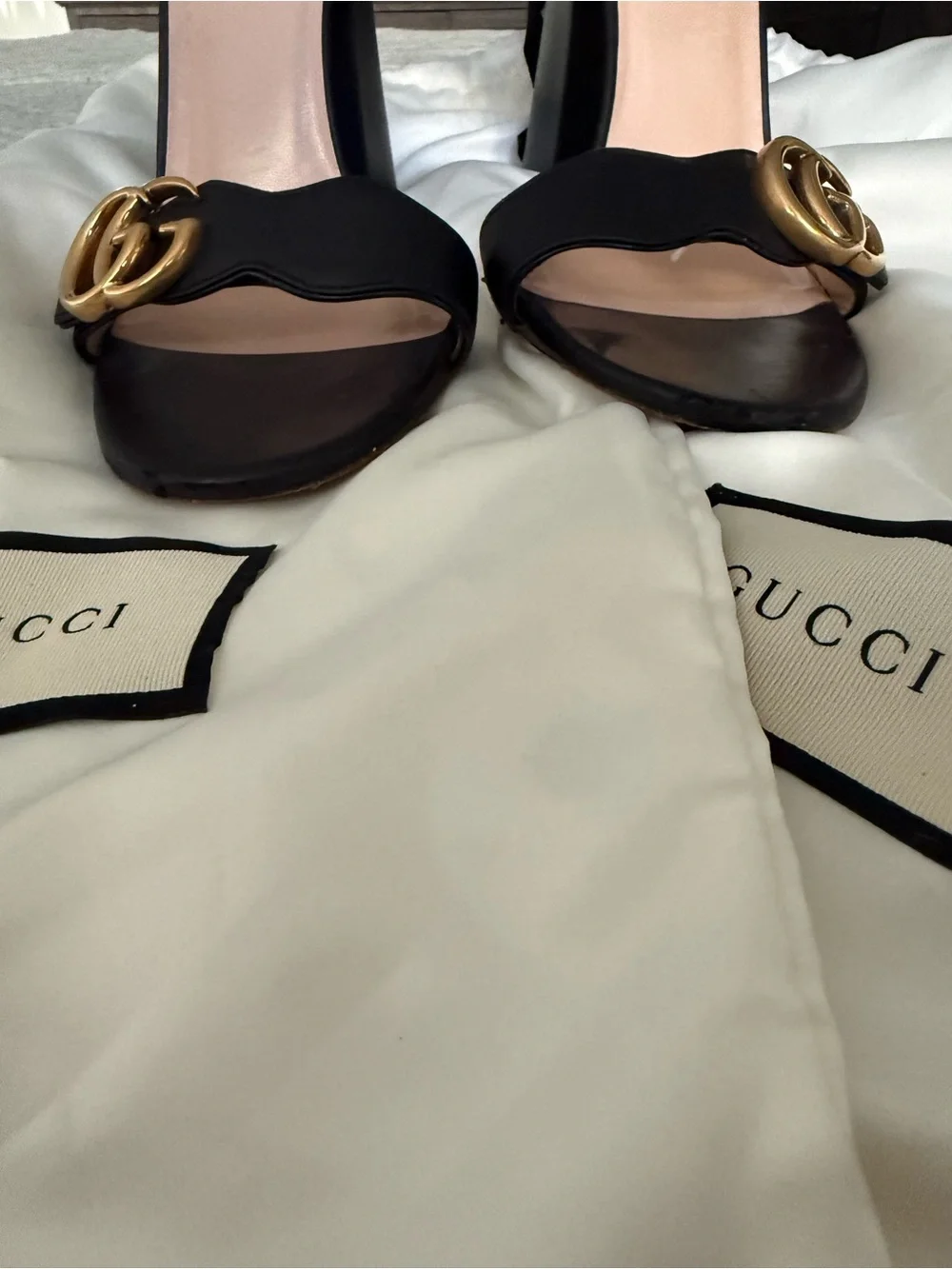 Gucci Black Leather Block Heel Sandals with Gold GG Hardware